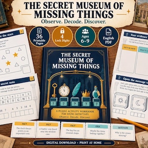 Könnte beinhalten: Ein druckbares Rätsel-Arbeitsbuch mit dem Titel The Secret Museum of Missing Things für junge Detektive. Das Set enthält 36 Seiten mit einem zentralen Buchcover, Beweiswand-Blättern, Aufgaben zum Entschlüsseln und Faktenkarten.