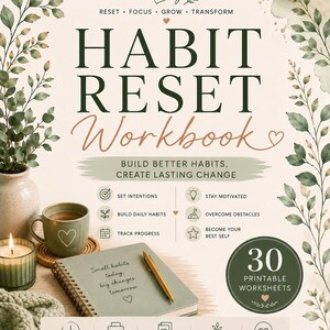 Könnte beinhalten: Ein Habit Reset Arbeitsbuch mit grünem Einband und dem Text 'Small habits today, big changes tomorrow'. Die Seite enthält Abschnitte zum Setzen von Vorsätzen, Verfolgen von Fortschritten und Motivationshilfen, inklusive 30 druckbaren Arbeitsblättern.