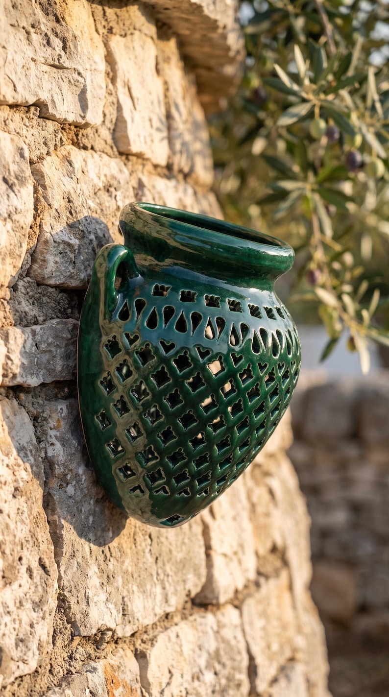 May include: A dark green glazed ceramic wall planter with a wide, rounded rim and a flat back for mounting. The body features a decorative lattice pattern with repeating geometric cutouts and a single handle on the side, creating an openwork design.