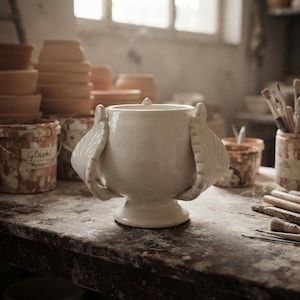 Può includere: Un recipiente in ceramica bianca con una finitura liscia e lucida, dotato di due manici prominenti a forma di ala sui lati. Il recipiente ha un corpo largo e arrotondato che si restringe verso una base circolare su un banco da lavoro.