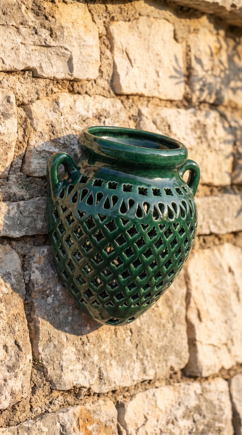 May include: A dark green glazed ceramic wall planter featuring a rounded, amphora-like shape with two side handles. The body of the vessel is decorated with a repeating lattice pattern of cut-out diamond shapes and a row of arched openings at the top.