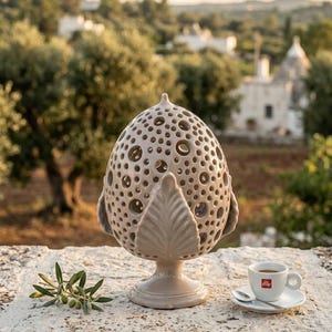 Può includere: Una scultura in ceramica beige a forma di pigna con finitura lucida, caratterizzata da una superficie traforata con numerosi fori circolari e decorazioni a forma di foglia alla base, poggiante su un piedistallo.