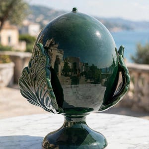 Peut inclure: Un récipient en céramique vert foncé avec une finition brillante, doté d'un corps central arrondi et d'une base sur pied. L'objet est orné d'éléments sculptés en forme de feuilles sur les deux côtés, reflétant l'environnement extérieur.