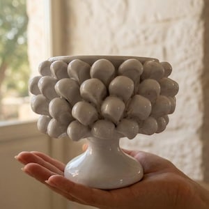 Può includere: Una ciotola in ceramica bianca lucida con base a piedistallo, caratterizzata da un esterno strutturato composto da numerose protuberanze arrotondate e sovrapposte a forma di petalo, che creano un motivo denso ispirato a una pigna.