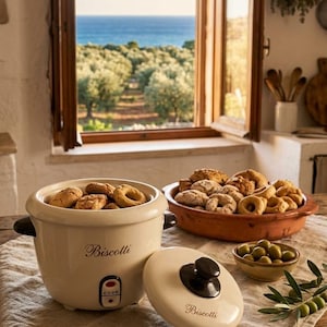 Può includere: Un barattolo in ceramica color crema con manico e coperchio marrone scuro, con la scritta Biscotti in corsivo. Il barattolo contiene dei biscotti. Un coperchio abbinato è posizionato accanto, anch'esso con la scritta Biscotti e un pomello scuro.
