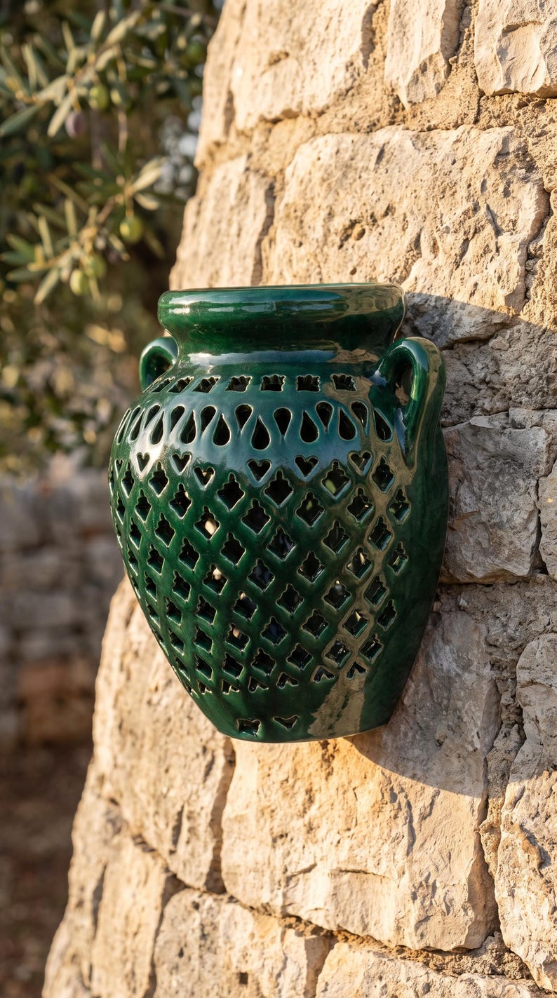 May include: A dark green glazed ceramic wall planter featuring a classic amphora shape with two side handles. The body of the vessel is decorated with a repeating lattice pattern of cut-out diamond shapes, allowing light to pass through the structure.
