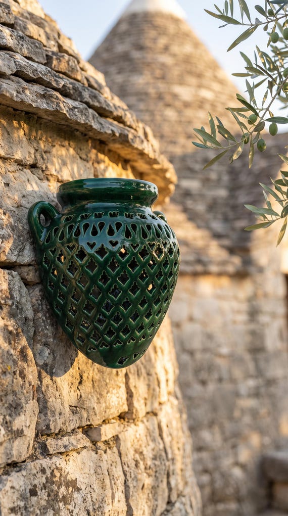Green Openwork Ceramic Wall Vase, Grottaglie Amphora Wall Planter, Italian Pottery