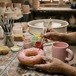 Può includere: Una scultura di ciambella in ceramica con glassa rosa e zuccherini colorati dipinta con un pennello sottile. La ciambella ha una base marrone dorato e poggia su un tavolo di legno insieme a barattoli di vernice, una tazza rosa e vari utensili.