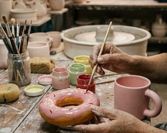 May include: A ceramic donut sculpture with pink glaze and colorful sprinkles being painted with a thin brush. The donut has a golden-brown base and sits on a wooden table alongside small jars of paint, a pink mug, and various pottery tools.