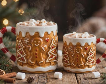 Handmade Gingerbread Mug Set of 2, Ceramic Christmas Mugs with Candy Cane Handle, Large and Small Hot Chocolate Mugs, Made in Italy