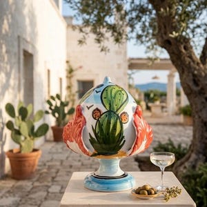 Può includere: Un ornamento in ceramica a forma di pigna con un disegno di cactus verde dipinto a mano su sfondo azzurro, arricchito da vivaci protuberanze rosse a forma di foglia sui lati e una base circolare, posizionato su un piedistallo in pietra.