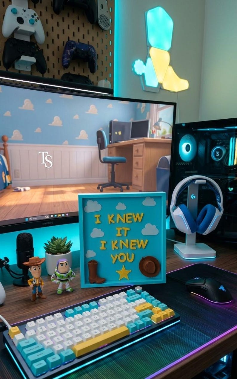 Pu&ograve; includere: Una cornice quadrata azzurra tipo shadow box con il testo giallo I KNEW IT I KNEW YOU, ritagli di nuvole bianche, uno stivale da cowboy marrone, un cappello da cowboy marrone e una stella gialla, posizionata su una scrivania accanto a due statuine.