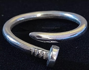 Nail Ring, Screw Ring, Silver Plated Nail Wrap Ring, Adjustable Open Ring, Minimalist Jewelry Gift for Her, Modern Ring