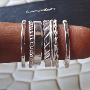 Set of 7 Sterling Silver Stacking Rings, Minimalist Silver Ring Set, Thin Stackable Bands, Handmade Dainty Midi Rings, Gift for Her