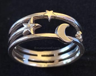 Moon and Star Ring, Celestial Silver Plated Ring, Crescent Moon Ring, Adjustable Galaxy Ring, Minimalist Gift for Her