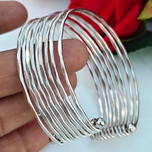 Handcrafted Hammered Silver Multi Layer Cuff Bracelet | Adjustable Spiral Wire Coil Bangle | Minimalist Statement Jewelry