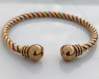 Handmade Tri Color Bracelet, Copper Brass German Silver Cuff, Twisted Adjustable Bracelet for Men and Women