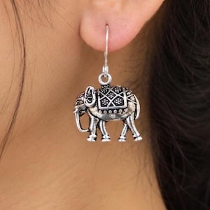 Elephant Dangle Earrings, Boho Elephant Earrings, Silver Elephant Jewelry, Indian Ethnic Earrings, Tribal Earrings, Handmade Gift
