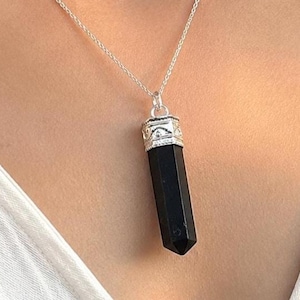 Black Onyx Point Pendant Necklace, Crystal Point Pendant, Raw Black Onyx Necklace, Protection Crystal Jewelry, Handmade Gift for Her