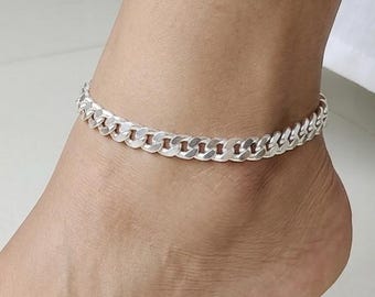 925 Sterling Silver Curb Chain Anklet for Women & Men, Heavy Chunky Cuban Link Payal, Handmade Foot Chain with S-Hook Clasp, Gift for Her