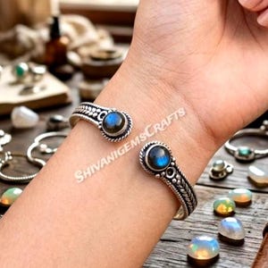 Handmade Labradorite Bangle in 925 Sterling Silver, Unique Boho Cuff Bracelet, Oxidized Silver Jewelry for Women, Statement Gemstone Bangle