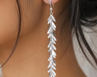 Silver Leaf Dangle Earrings, Long Drop Earrings, Nature Inspired Jewelry, Sterling Silver Earrings, Boho Gift for Her