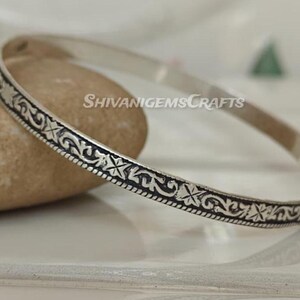 925 Sterling Silver Engraved Bangle, Handmade  Kada, Minimalist Stackable Bracelet, Oxidized Silver Jewelry Gift
