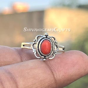 Red Coral Ring, Handmade Silver Ring, Vintage Style Ring, Oval Gemstone Ring, Boho Statement Ring, Women Artisan Jewelry Gift