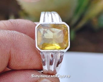 925 Sterling Silver Ring, Yellow Citrine Ring, Handmade Gemstone Ring, Vintage Statement Ring, Emerald Cut Crystal Ring, Boho Jewelry Gift