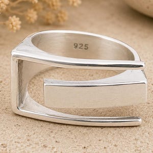 Modern Geometric Silver Ring, Minimalist Open Rectangle Ring, Abstract Statement Ring, Unisex Sterling Silver Jewelry Gift