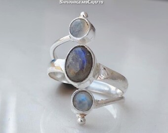 925 Sterling Silver Moonstone Labradorite Ring Set, Minimalist Gemstone Rings, Handmade Stackable Boho Rings, Silver Jewelry for Women