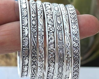 925 Sterling Silver Bangle Set of 7 Engraved Elephant Floral Stackable Bangles Handmade Boho Ethnic Bangles Set Minimalist Jewelry Gift