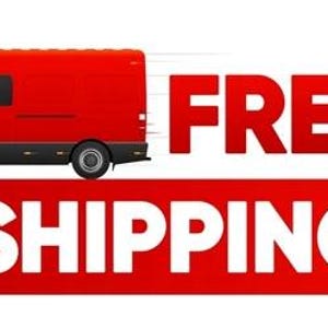 May include: A bright red delivery van is depicted in profile, moving toward the right with motion lines behind it. Below the van, a large red graphic element features the bold white text FREE SHIPPING in a clean, sans-serif typeface.