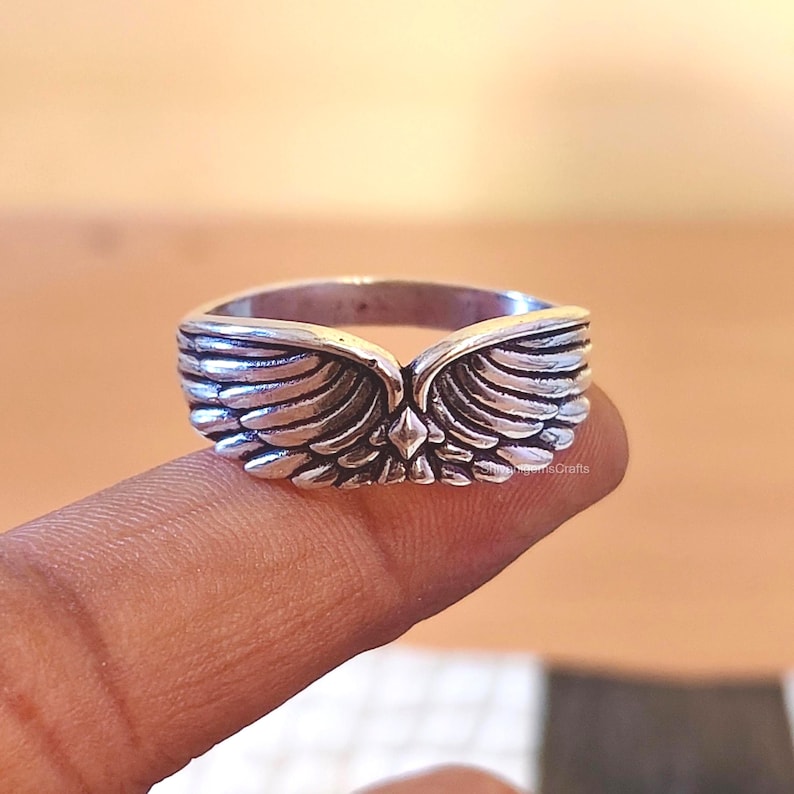 Angel Wing Ring, Silver Angel Wings Ring, Guardian Angel Jewelry, Feather Wing Ring, Boho Statement Ring, Celestial Jewelry, Gift for Her image 1