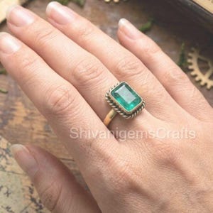 925 Sterling Silver Vintage Statement Ring for Women Handmade Jewelry Unique Green Gemstone Ring Victorian Style Rectangular Emerald Band