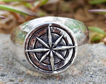 Compass Rose Signet Ring, Nautical Compass Ring for Men, Viking Ring, Silver Signet Ring, Explorer Gift, Handmade Ring