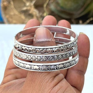Boho 925 Sterling Silver Bangle Set of 3 Engraved Om Elephant Floral Bracelets Handmade Stackable Bangles Boho Spiritual Ethnic Jewelry