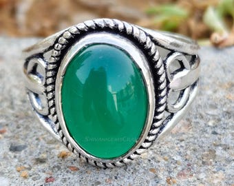 Oval Green Onyx Ring, Silver Statement Ring, Celtic Knot Ring, Bohemian Jewelry, Vintage Style Ring, Handmade Gift for Women