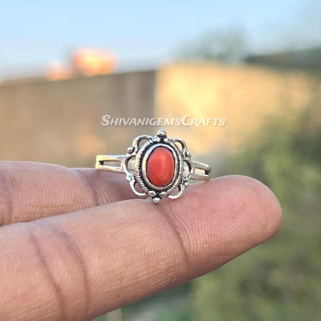 Red Coral Ring, Handmade Silver Ring, Vintage Style Ring, Oval Gemstone ...