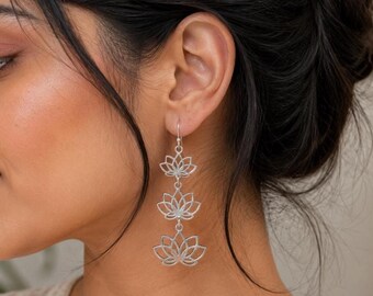 Lotus Flower Earrings, Sterling Silver Lotus Earrings, Yoga Jewelry, Boho Dangle Earrings, Spiritual Gift for Her