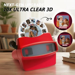 Pode incluir: Um visualizador 3D vermelho com um carretel de fotos circular exibindo várias imagens. O texto "NEXT-GEN UPGRADE 10X ULTRA CLEAR 3D" está no topo. Duas imagens circulares mostram um casal se beijando. Uma é rotulada "UPGRADE" e a outra "BASIC".