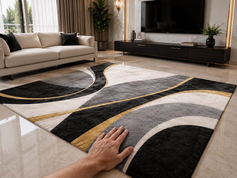 May include: A rectangular area rug with a modern design. The rug features a pattern of curved lines in black, gray, and cream, accented with gold. A hand is resting on the rug, showing its texture. The rug is in a living room setting.