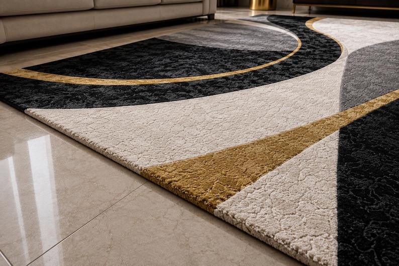 May include: A modern area rug with a geometric design. The rug features a combination of black, gray, beige, and gold colors. The design includes curved and angular shapes, creating a contemporary look. The rug is placed on a tiled floor.