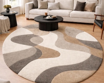 Modern Abstract Round Rug | Handmade Tufted Carpet | Red Black White Living Room Statement Rug