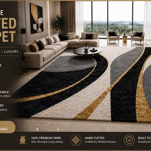 May include: A handmade tufted carpet with a modern design. The carpet features a pattern of black, gray, and gold curved lines on a beige background. The text "HANDMADE TUFTED CARPET" is displayed at the top of the image.