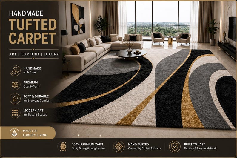 May include: A handmade tufted carpet with a modern design. The carpet features a pattern of black, gray, and gold curved lines on a beige background. The text "HANDMADE TUFTED CARPET" is displayed at the top of the image.