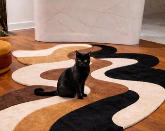 Handmade Tufted Abstract Rug – Black Brown Cream Irregular Shape Carpet
