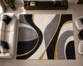 Luxury Handmade Tufted Rug, Black Gold Abstract Area Rug, Modern Large Living Room Carpet, Contemporary Plush Rug, Designer Tufted Carpet