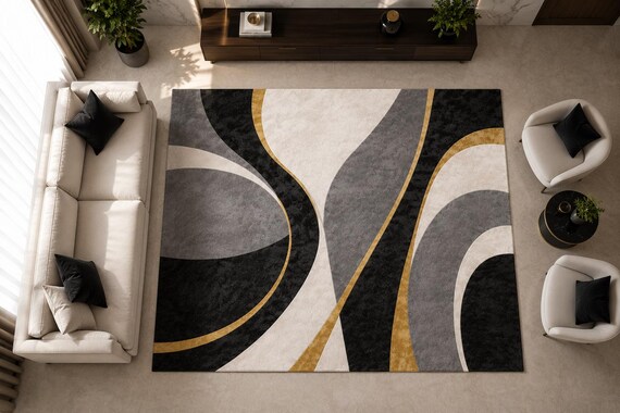 Luxury Handmade Tufted Rug, Black Gold Abstract Area Rug, Modern Large Living Room Carpet, Contemporary Plush Rug, Designer Tufted Carpet