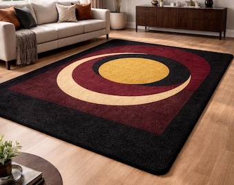 Handmade Tufted Geometric Rug – Black Burgundy Mustard Mid Century Carpet (Custom Size)